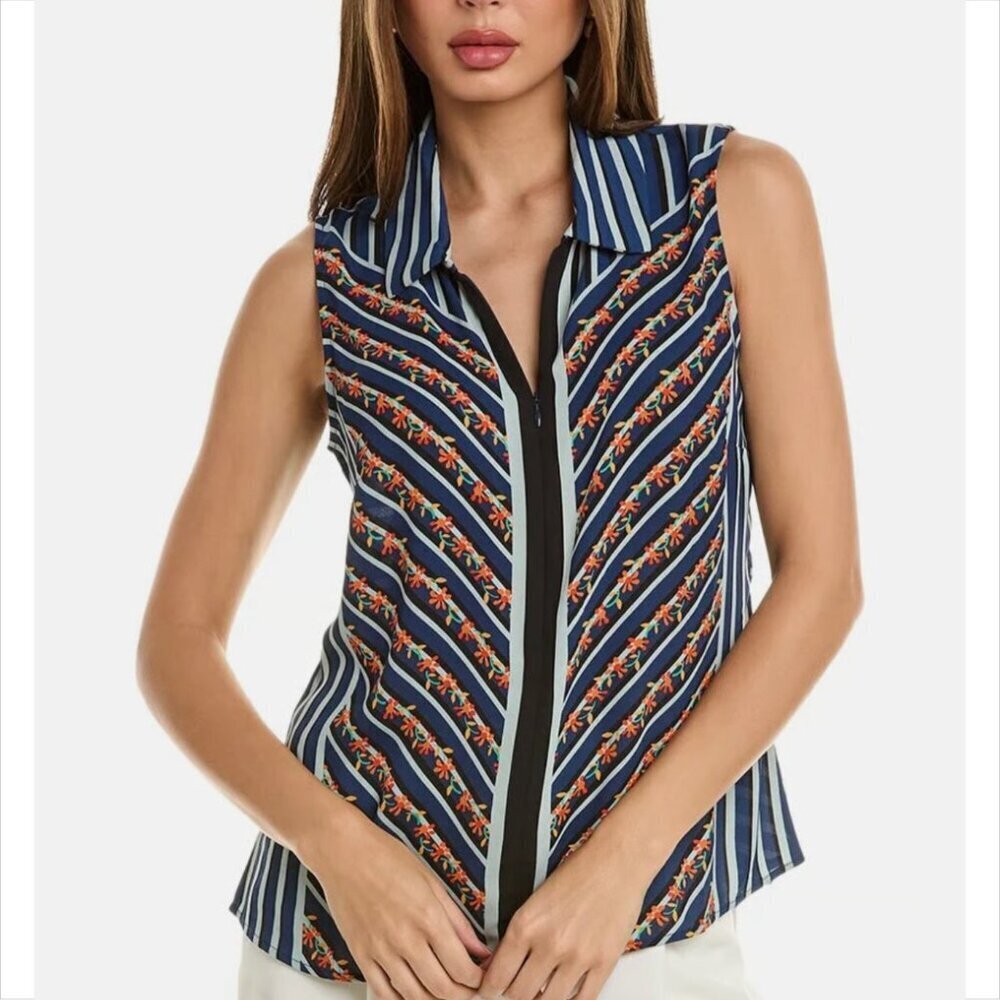 CAbi sleeveless blouse top shirt chiffon zipper chevron floral blue orange new S